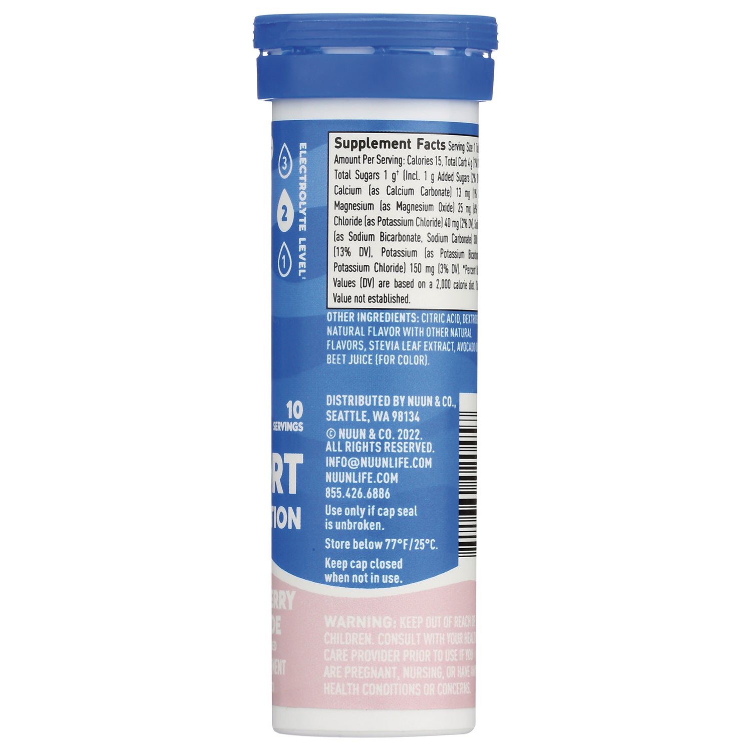 NUN019 | back label of blue supplement tube showing Supplement Facts, ingredients and storage instructions