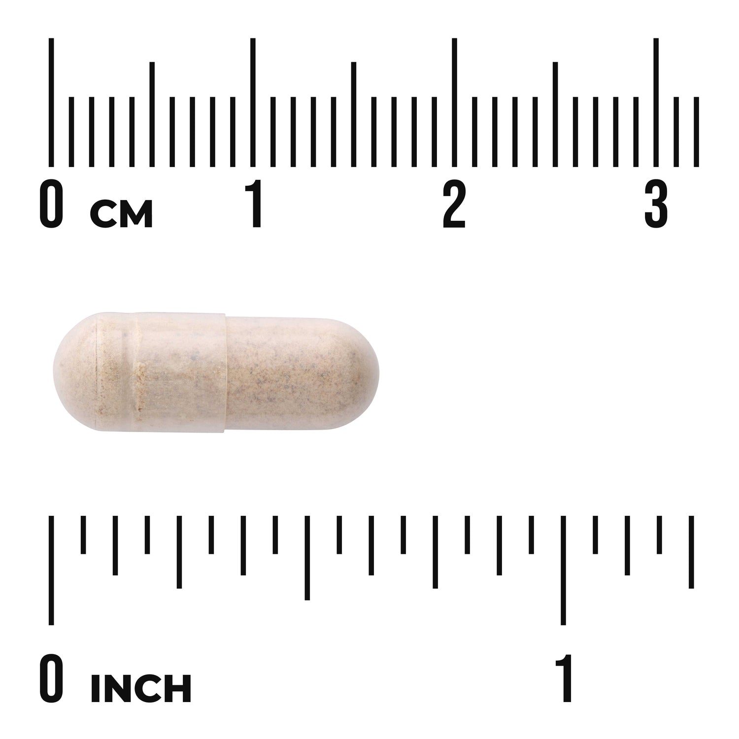 SWRJ004 | Clear gelatin capsule filled with beige powder beside centimeter and inch rulers labeled "0 cm" and "0 inch"