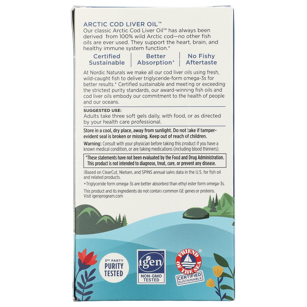 NRN014 | Back of Arctic Cod Liver Oil box showing suggested use, warnings, product description, and purity/non-GMO seals - Thumbnail