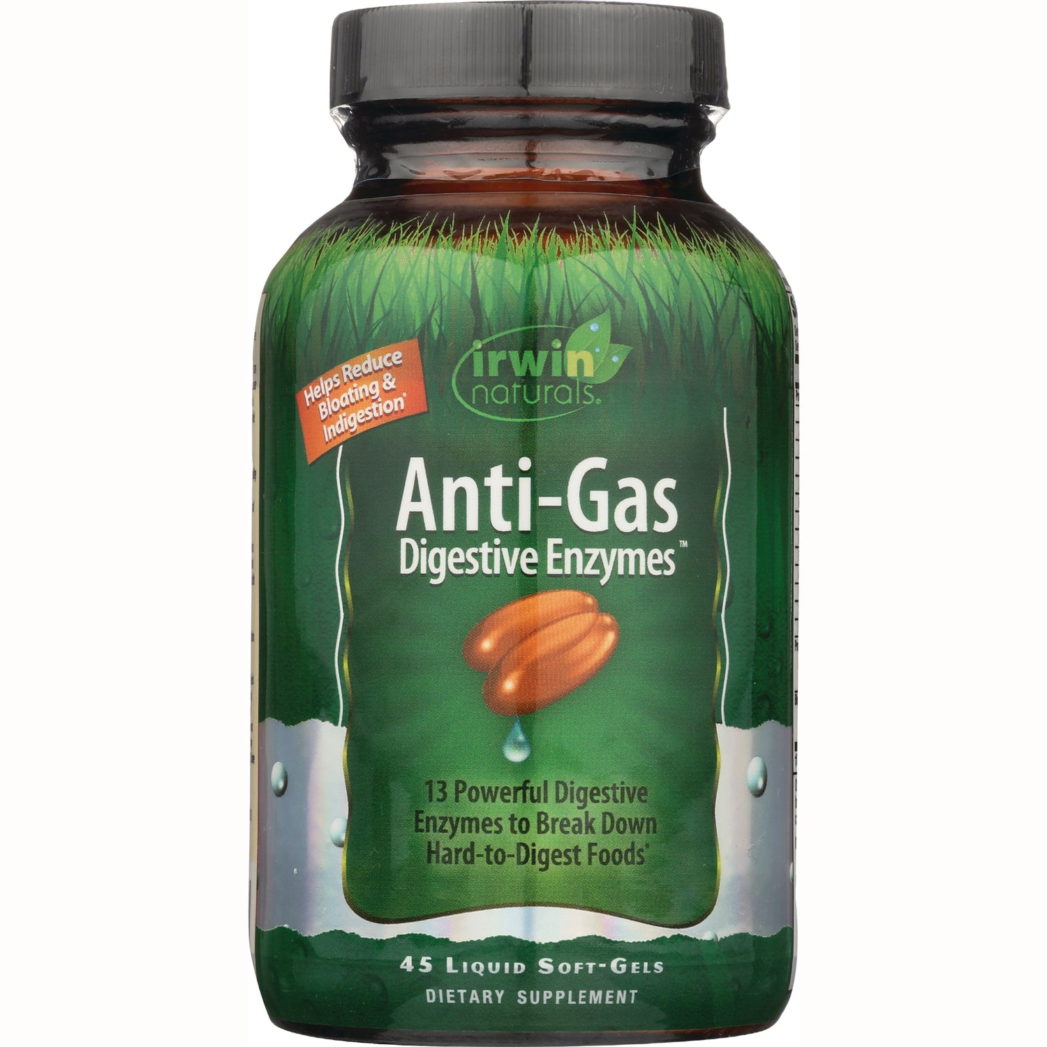 IR091 | Irwin Naturals Anti-Gas Digestive Enzymes bottle with front label, 45 liquid soft-gels