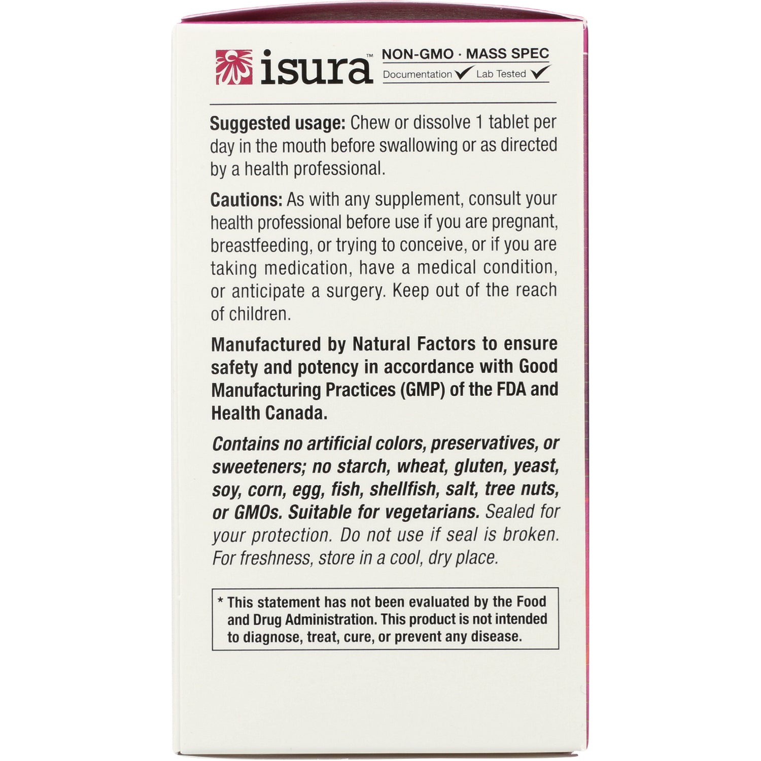 NFC107 | back panel of Isura supplement box with suggested usage, cautions, ingredient exclusions, and FDA disclaimer