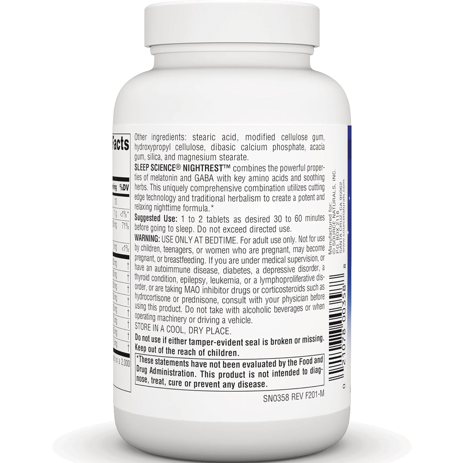 SN311 | Back label with Supplement Facts, ingredients, suggested use, and warnings