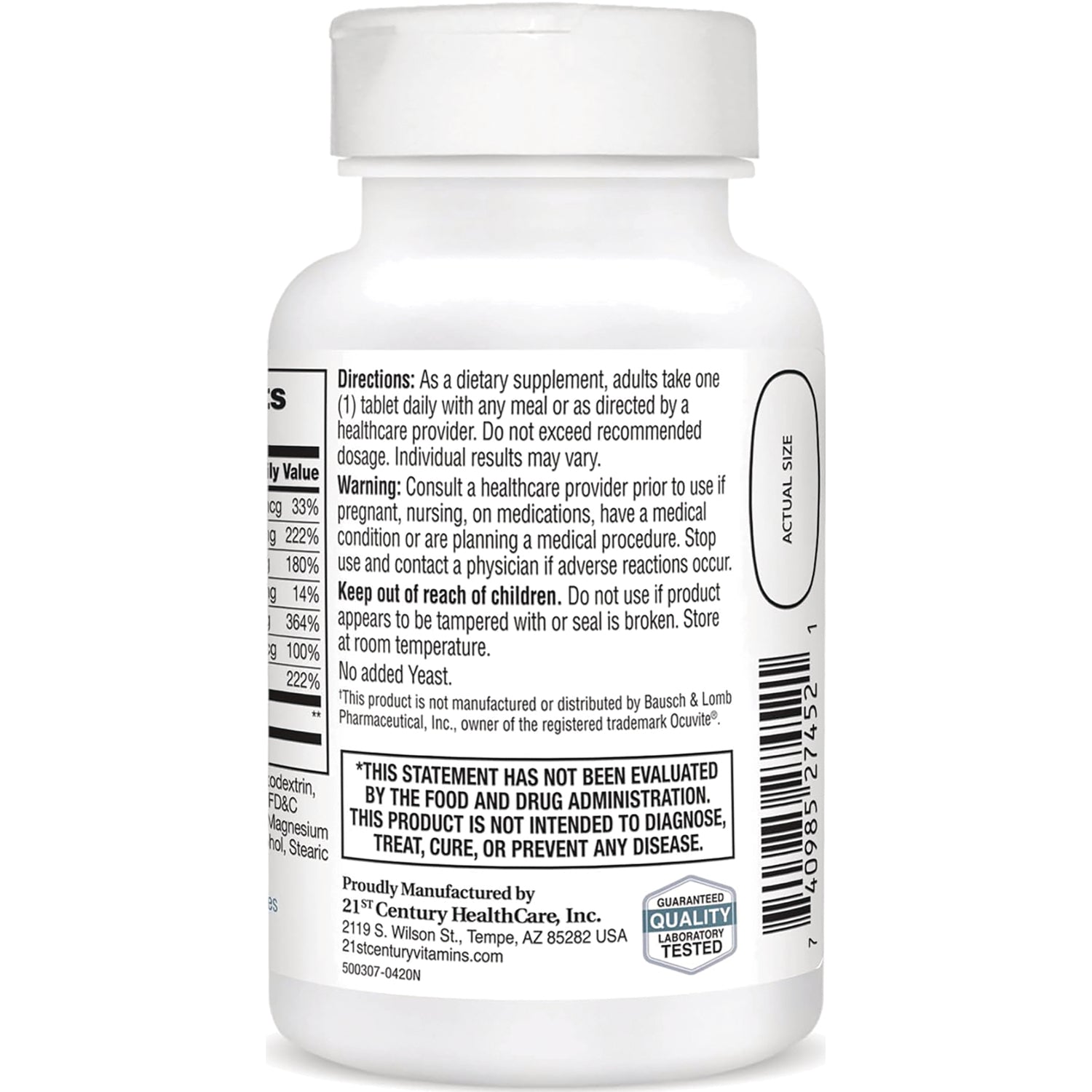 CNT229 | Back label of white supplement bottle showing directions, warnings, barcode, and FDA disclaimer