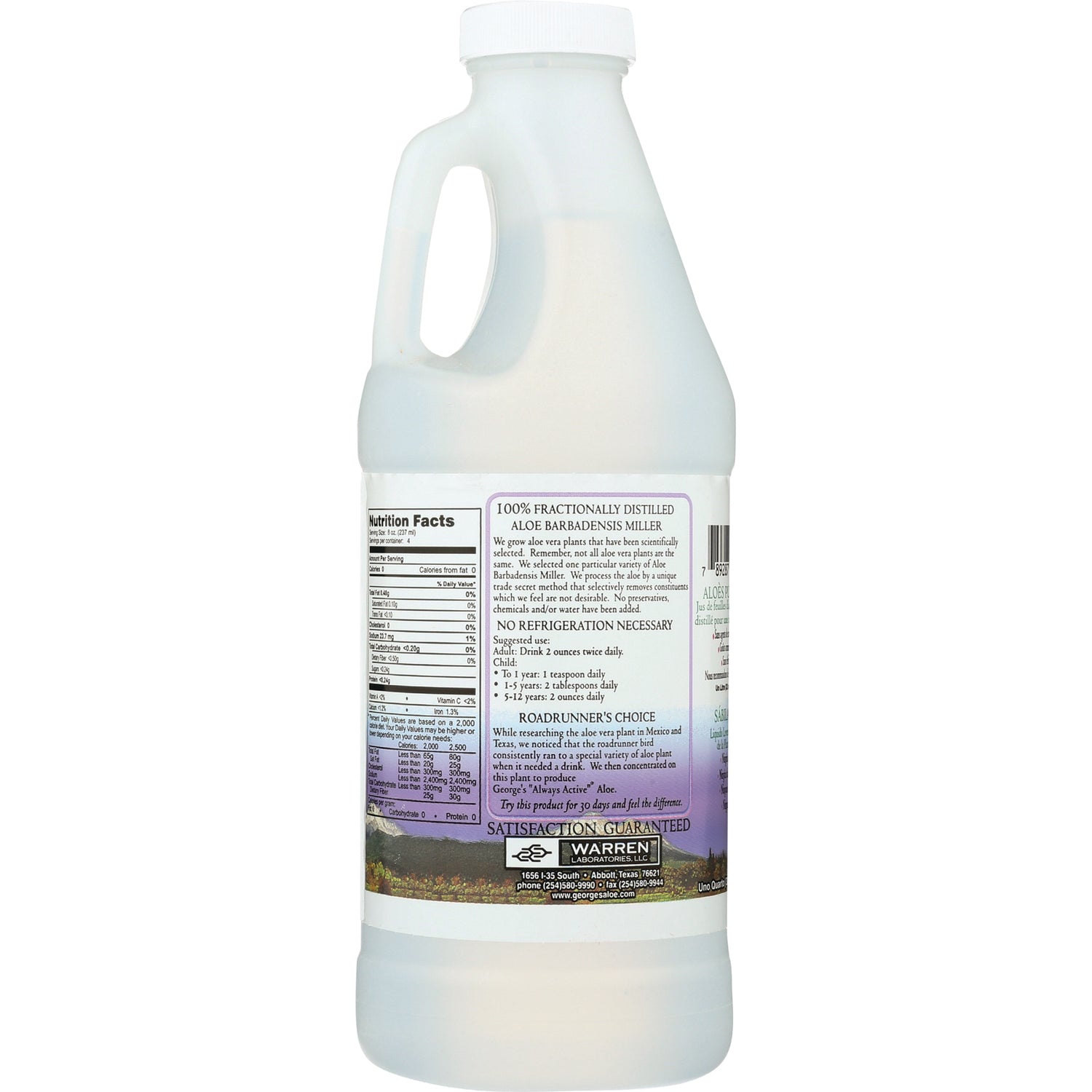 GAL001 | Back label of white gallon bottle showing nutrition facts and product information for 100% fractionally distilled aloe