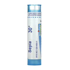BRN069 | Sepia 30 homeopathic pellet tube with blue cap labeled Sepia