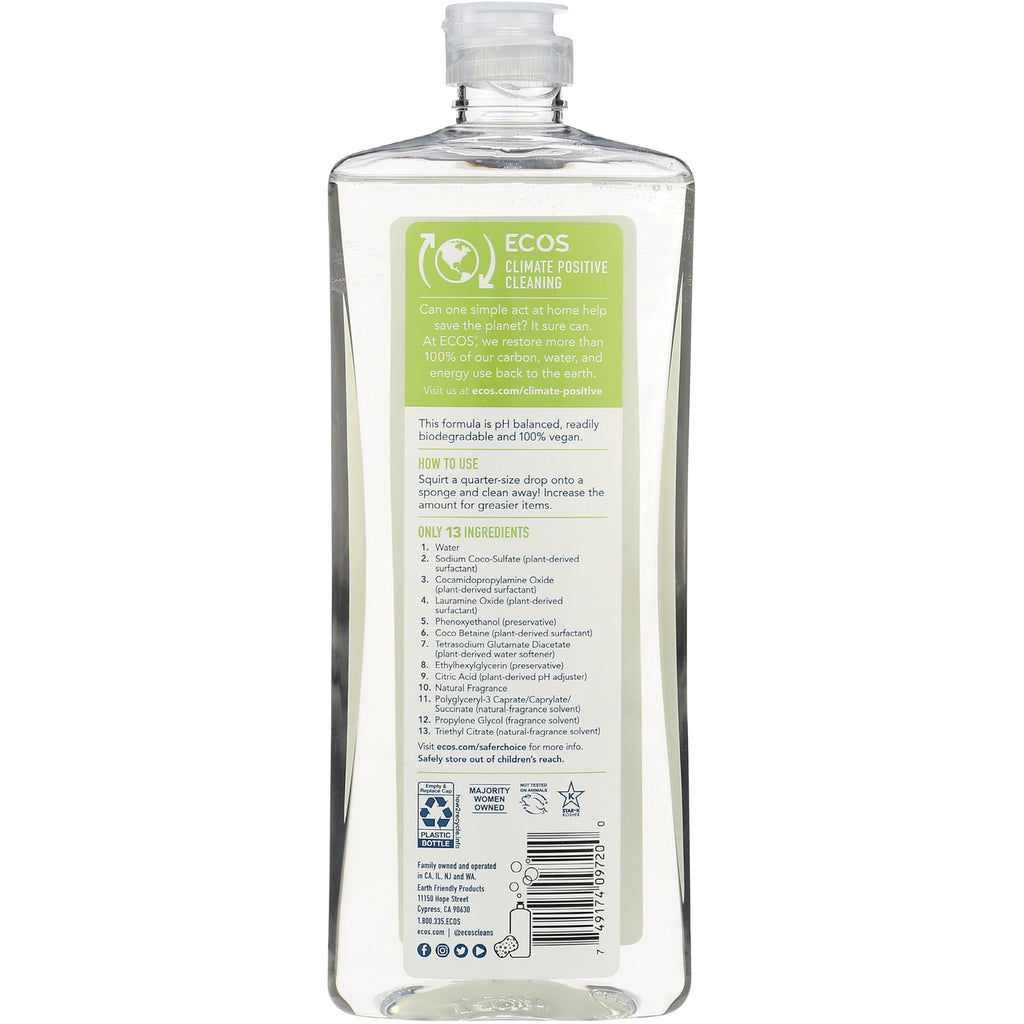 ERF008 | back label of clear ECOS dish soap bottle showing ingredient list, usage instructions and barcode - Thumbnail