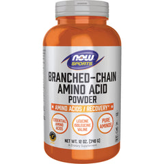 NWF861 | NOW Sports branched-chain amino acid powder bottle, 12 oz label showing essential amino acids and BCAA trio