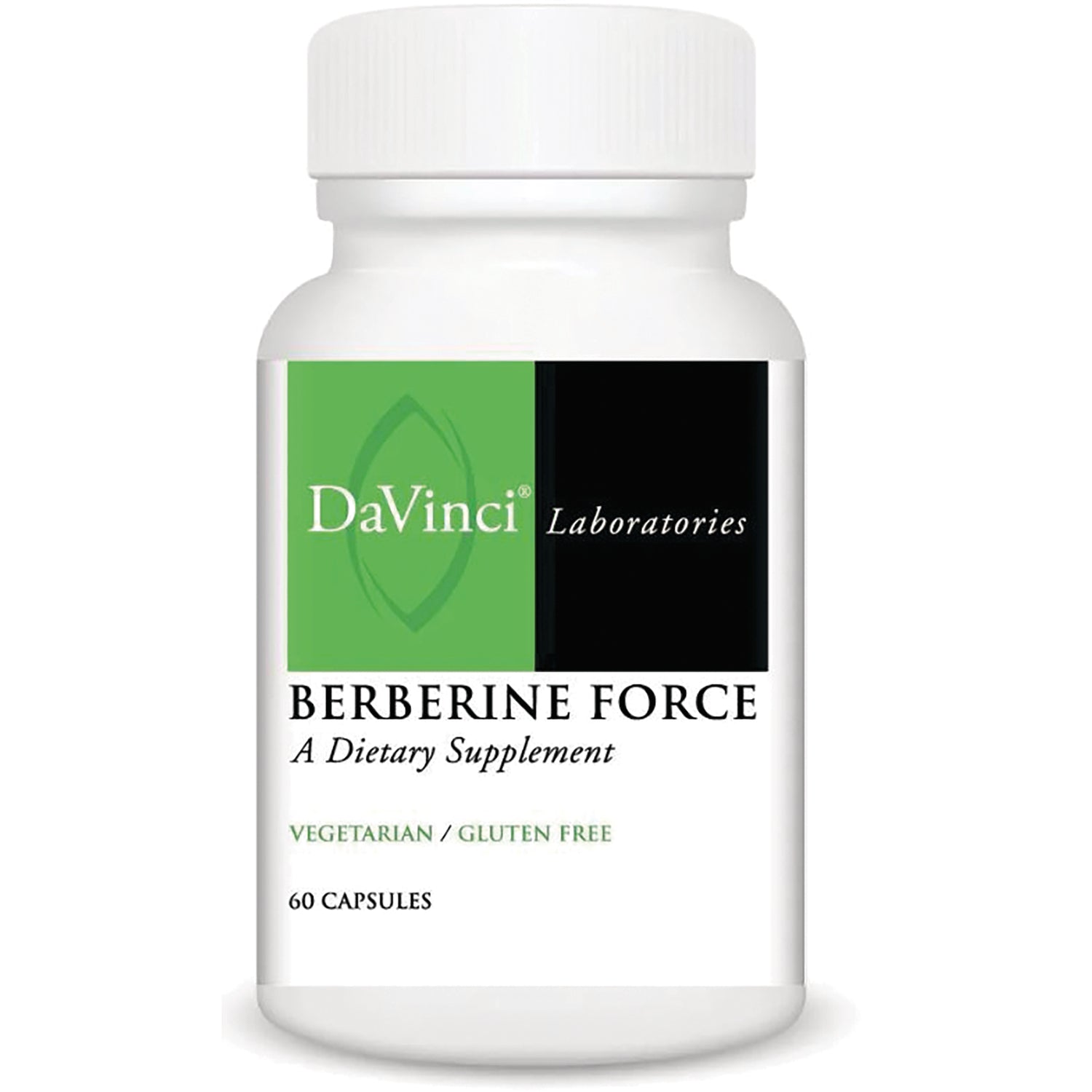 DVL031 | DaVinci Laboratories Berberine Force dietary supplement bottle label reading BERBERINE FORCE, vegetarian gluten free, 60 capsules