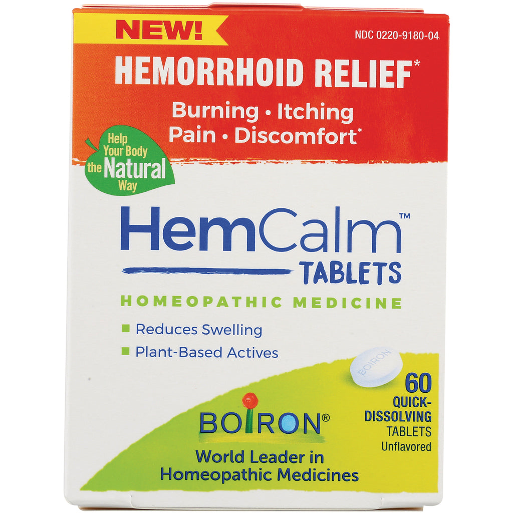 BRN123 | HemCalm tablets box labeled Hemorrhoid Relief, homeopathic medicine, 60 quick-dissolving unflavored tablets - Thumbnail