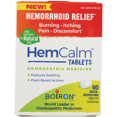 BRN123 | HemCalm tablets box labeled Hemorrhoid Relief, homeopathic medicine, 60 quick-dissolving unflavored tablets
