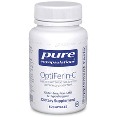 PRN185 | Pure Encapsulations OptiFerin-C white supplement bottle with front label, 60 capsules, gluten-free non-GMO