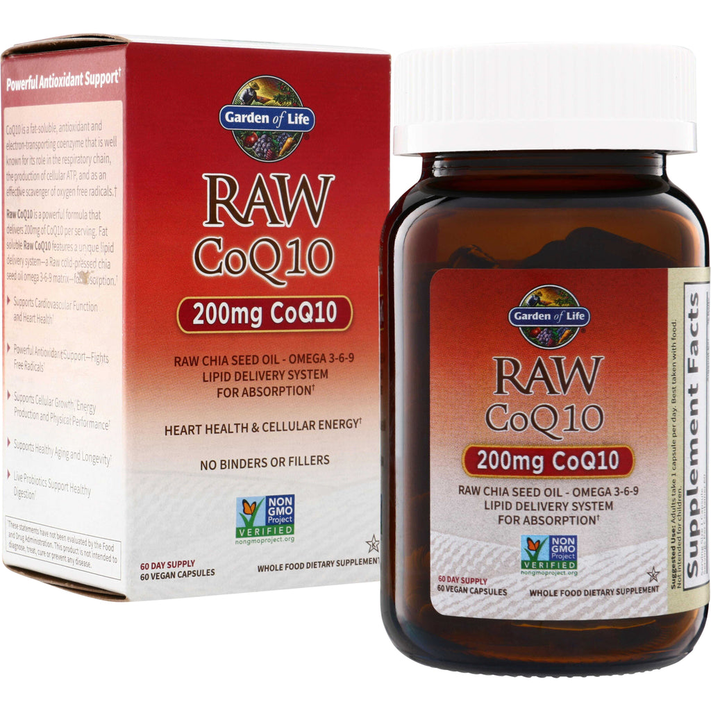 GLF135 | Garden of Life RAW CoQ10 200mg supplement bottle and box, Non-GMO Project Verified - Thumbnail