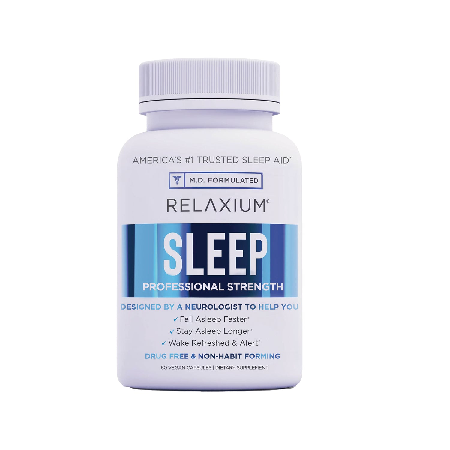 REL001 | Relaxium SLEEP professional strength white supplement bottle with label showing 60 vegan capsules
