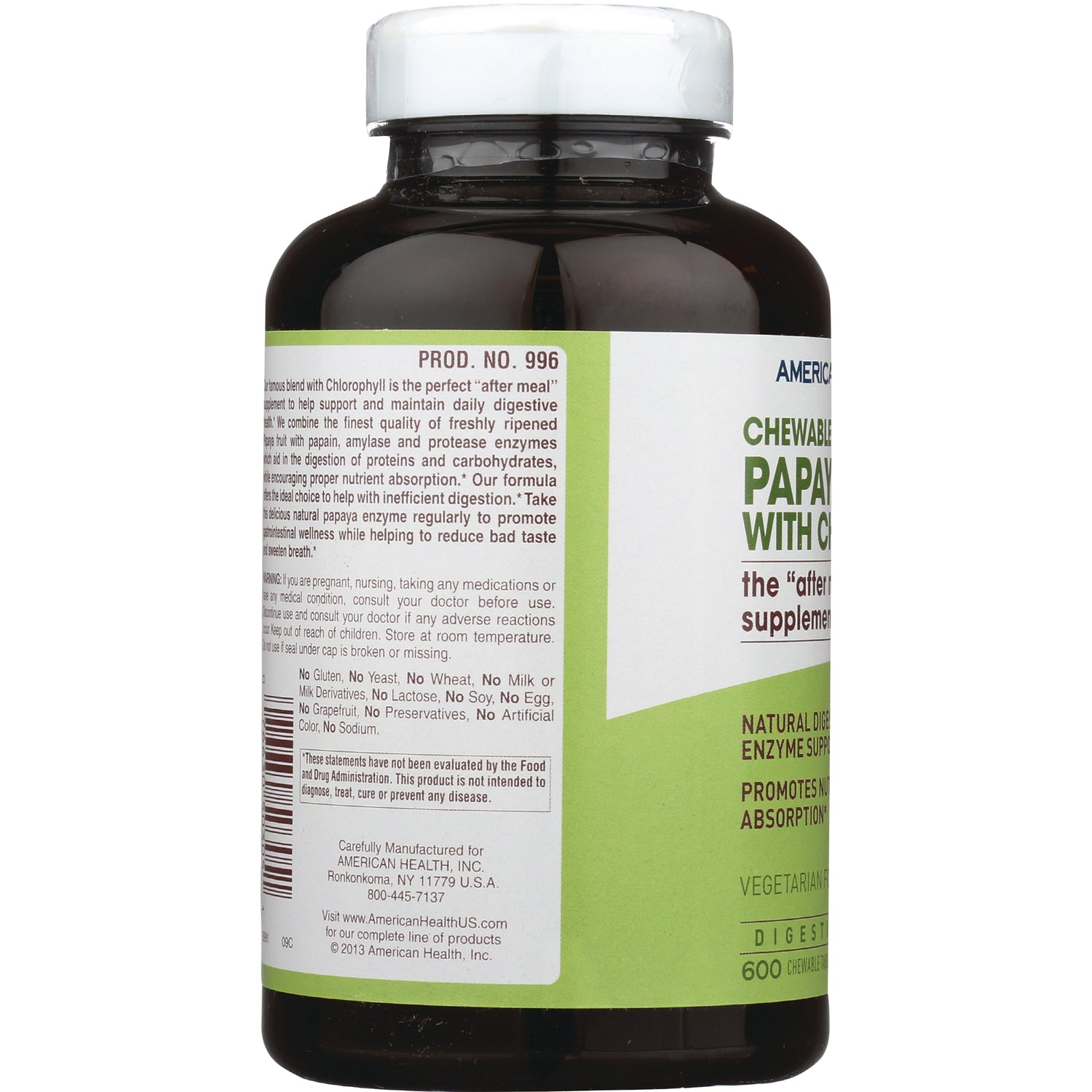 AM132 | Back label of brown supplement bottle with white cap and green and white label showing product info and text 'PROD. NO. 996'