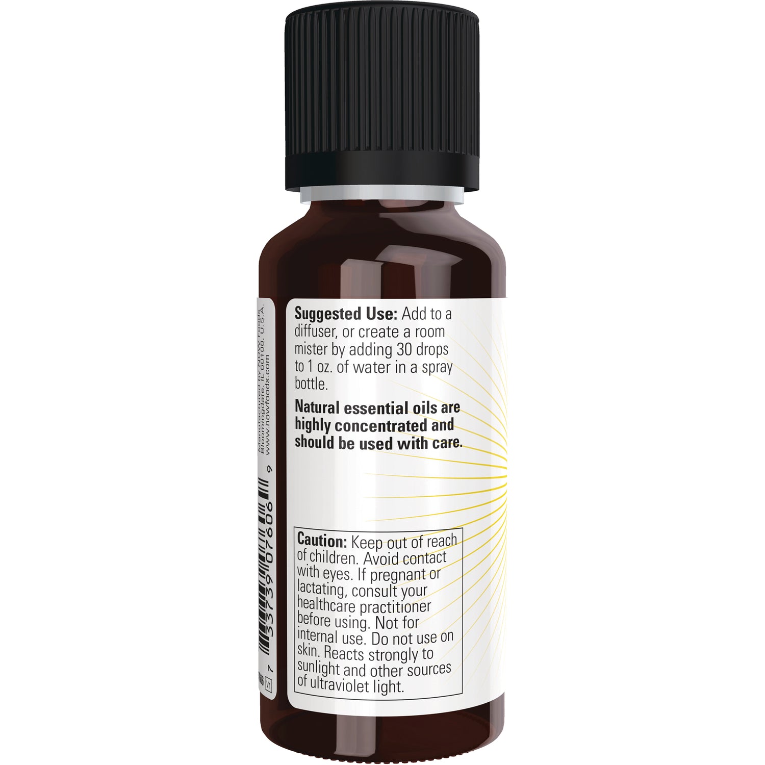 NWF1227 | Back label of amber essential oil bottle showing suggested use and caution text