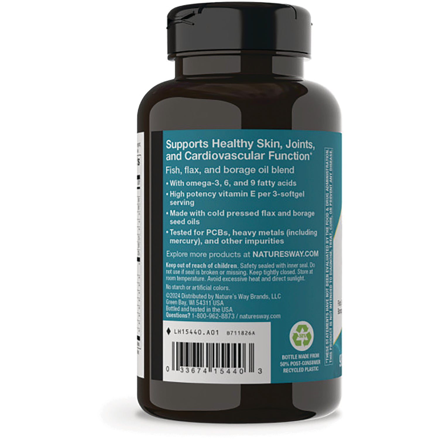 NW612 | Back label of brown supplement bottle showing product benefits text, barcode, and recycling symbol
