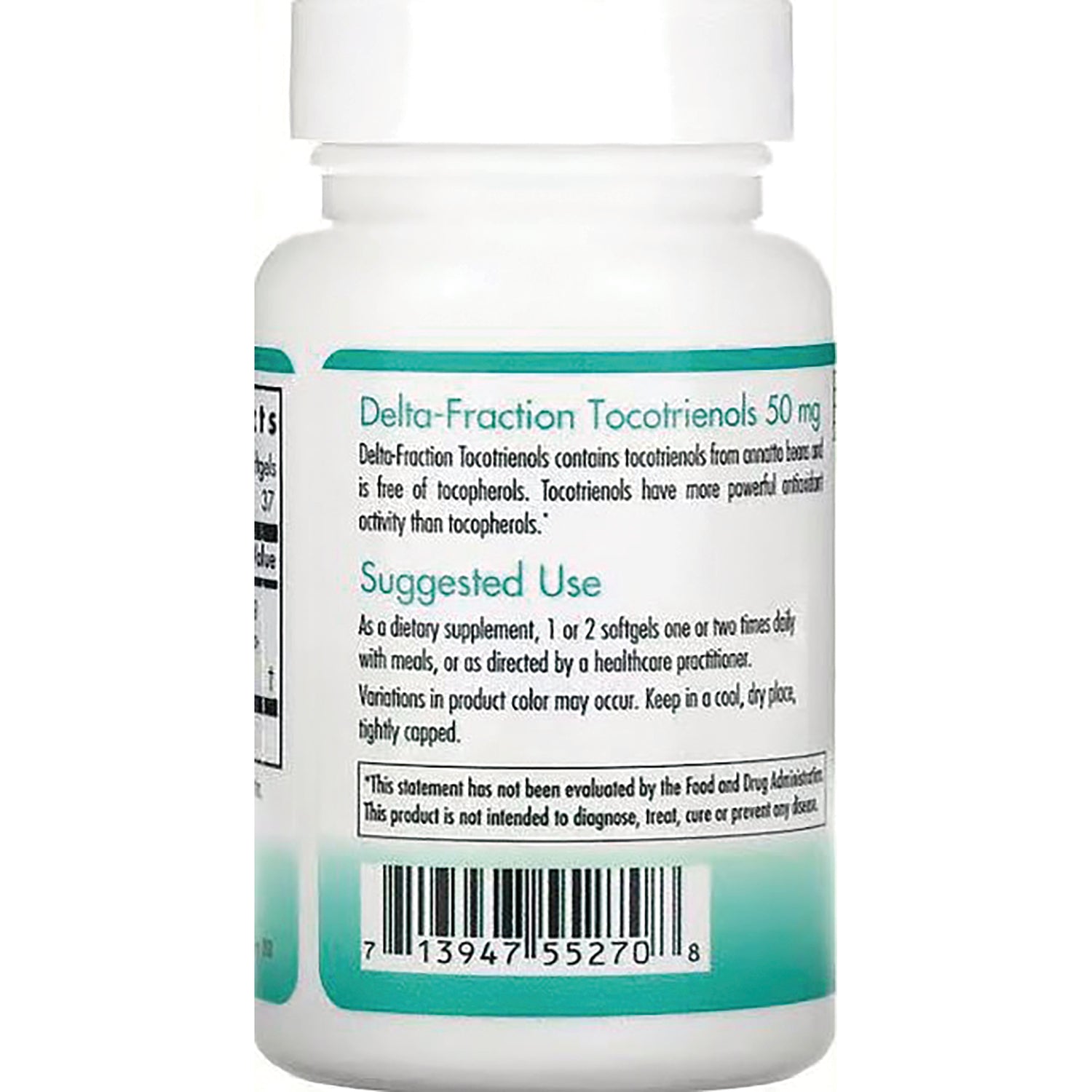 NCL031 | Back label of white supplement bottle showing Delta-Fraction Tocotrienols 50 mg, Suggested Use and barcode