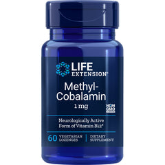 LE339 | Blue bottle labeled LIFE EXTENSION Methyl-Cobalamin 1 mg, 60 vegetarian lozenges dietary supplement
