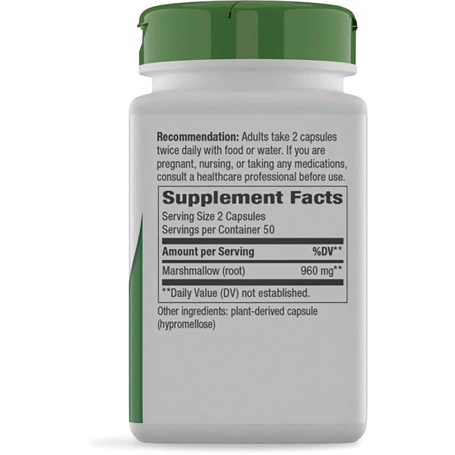 NW155 | Back label showing Supplement Facts and directions, Marshmallow (root) 960 mg, serving size 2 capsules