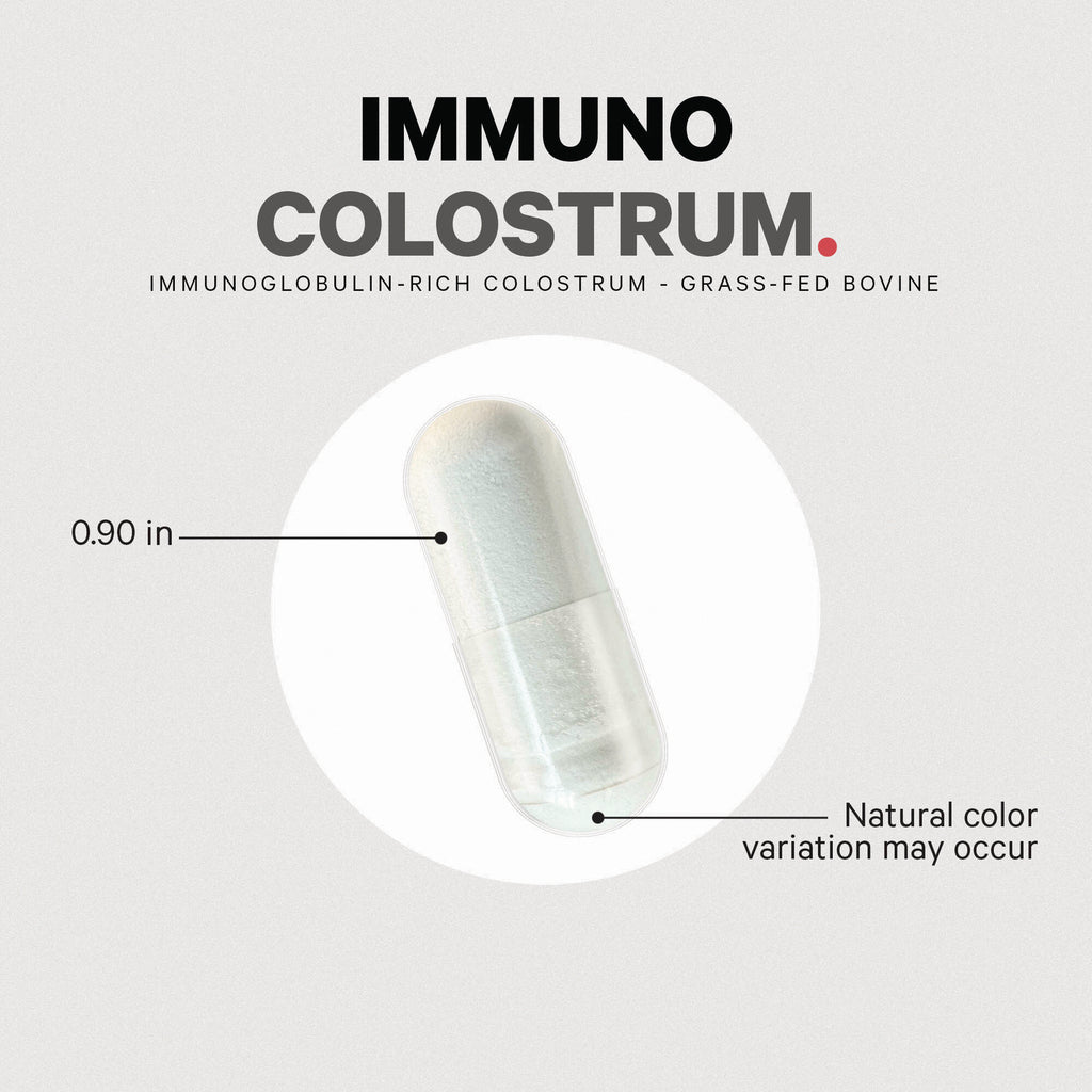 CDG018 | product infographic showing a transparent capsule of Immuno Colostrum powder labeled 0.90 in, note Natural color variation may occur - Thumbnail