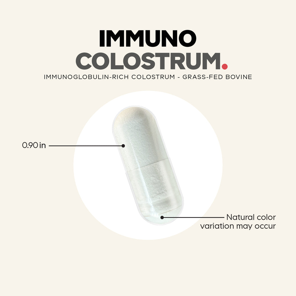 CDG018 | product infographic showing a transparent capsule of Immuno Colostrum powder labeled 0.90 in, note Natural color variation may occur - Thumbnail