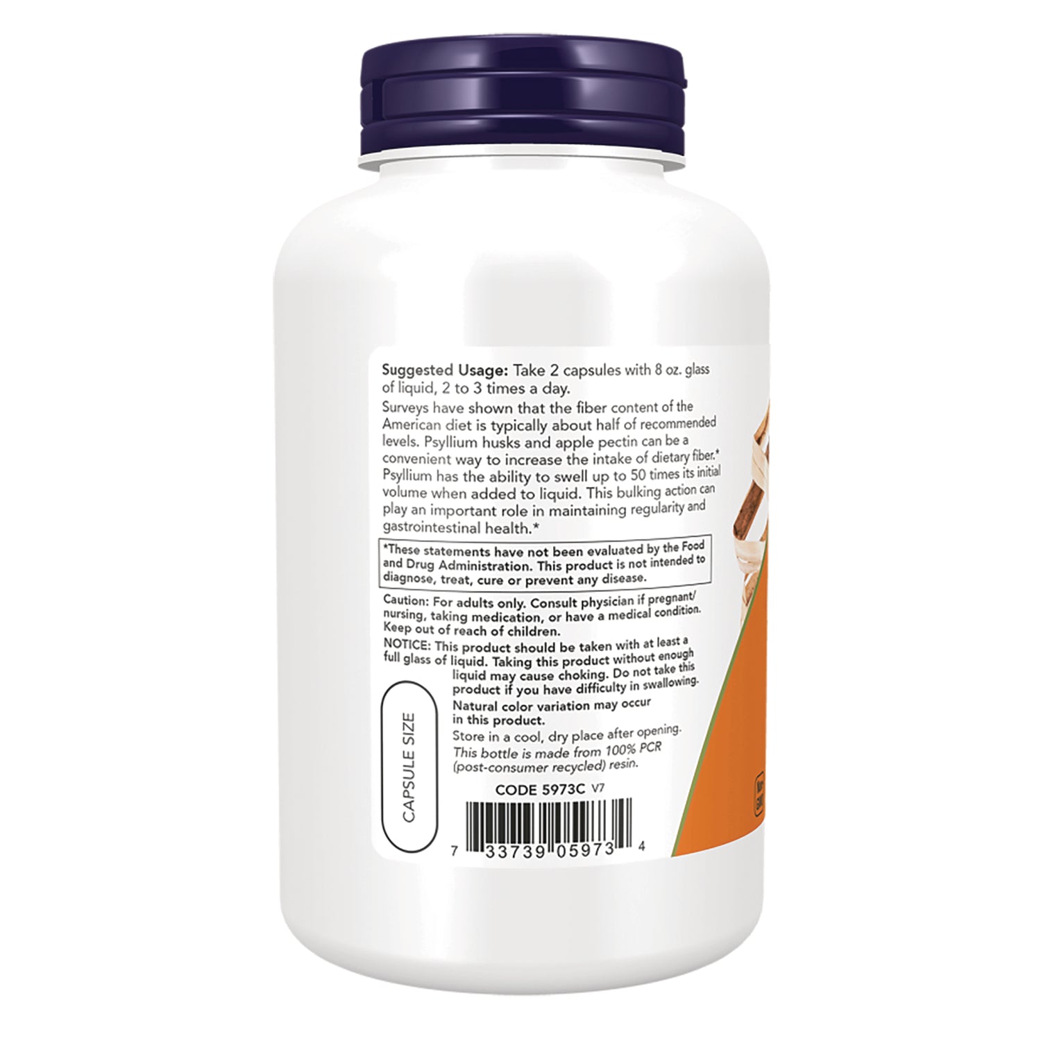 NWF1391 | Back of white supplement bottle showing suggested usage text, caution, capsule size label and barcode