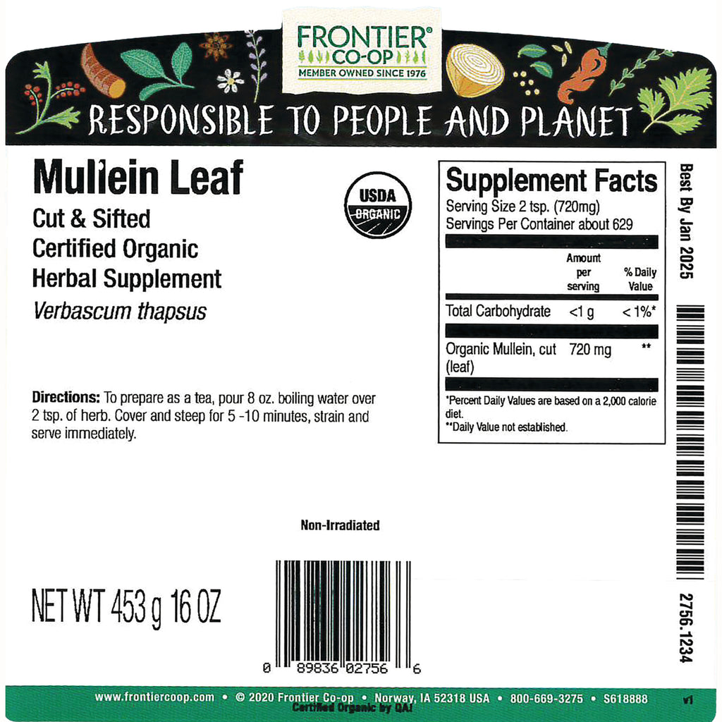 FNP384 | Back label of Frontier Co-op Mullein Leaf herbal supplement showing supplement facts, directions, net weight and barcode - Thumbnail