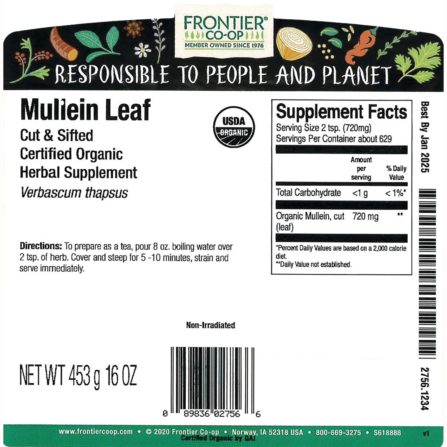 FNP384 | Back label of Frontier Co-op Mullein Leaf herbal supplement showing supplement facts, directions, net weight and barcode