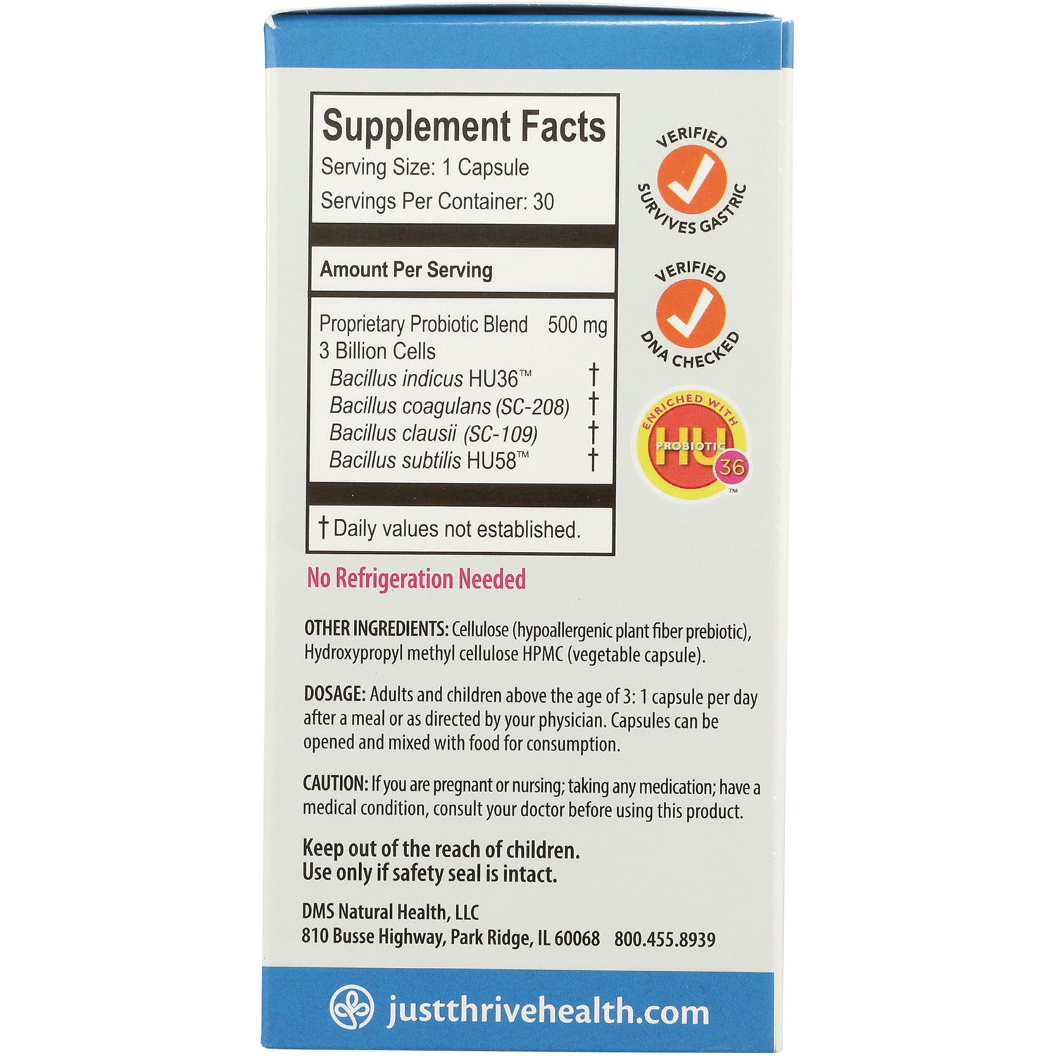 JTR001 | Back of supplement box showing Supplement Facts panel, ingredients, dosage instructions, and No Refrigeration Needed