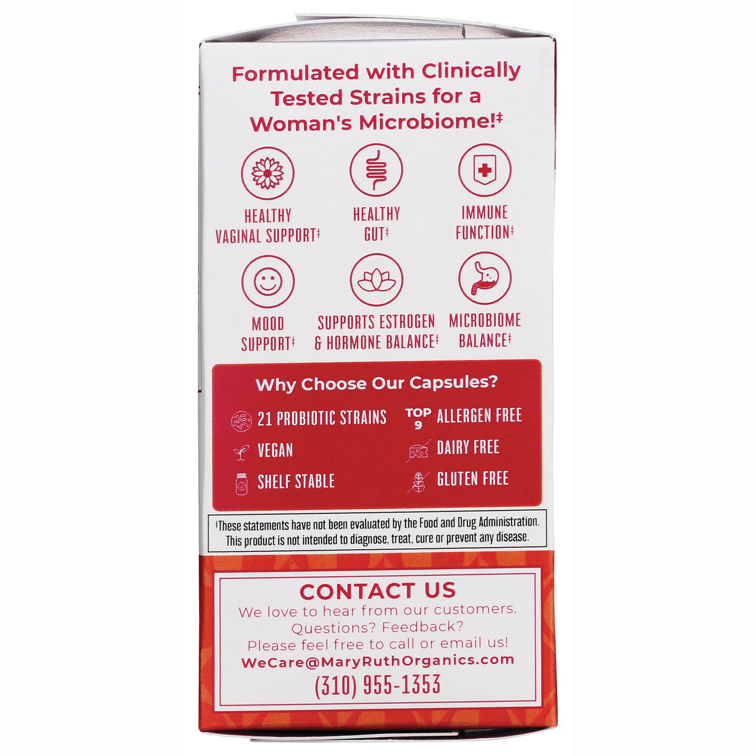 MRR028 | side panel infographic listing probiotic benefits, 21 probiotic strains, vegan, dairy free, shelf stable, and contact info