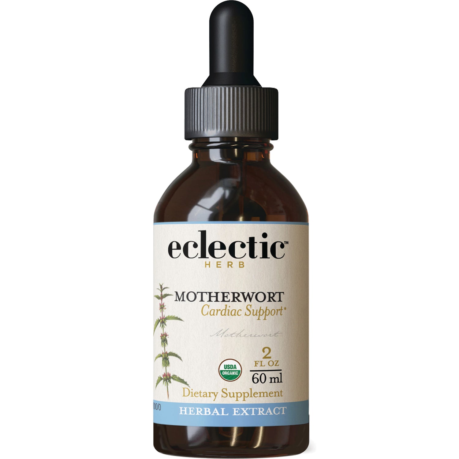 EC034 | brown dropper bottle labeled eclectic herb Motherwort Cardiac Support herbal extract 2 fl oz 60 ml