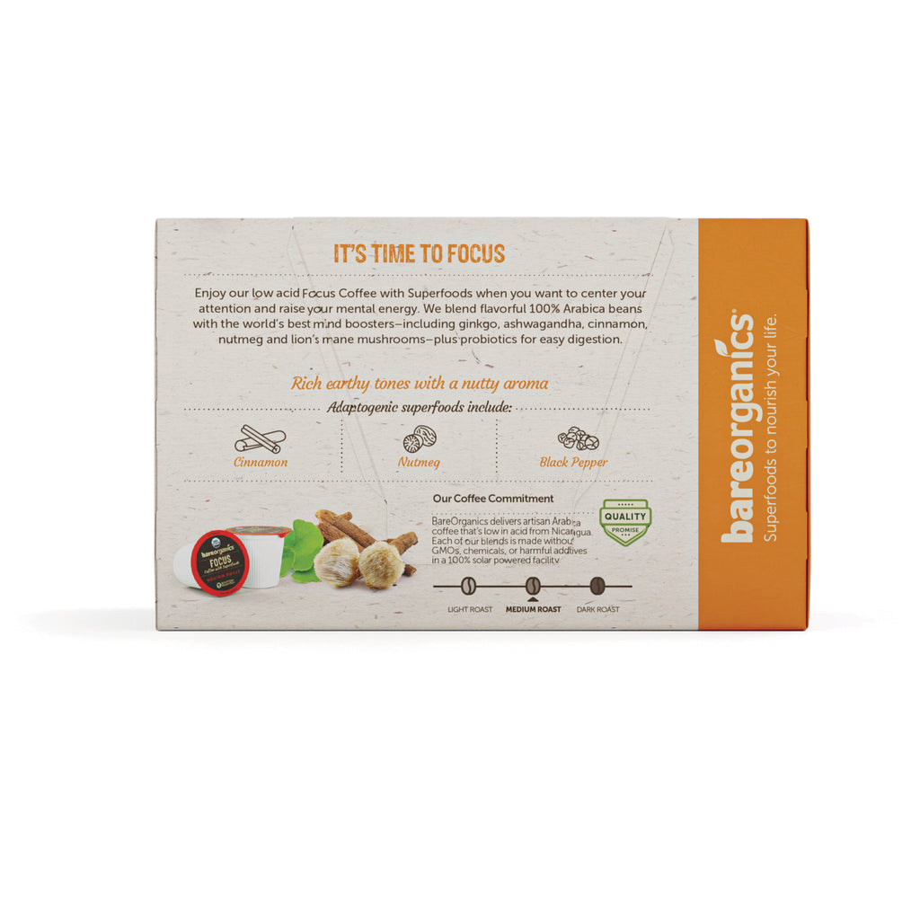 BOR016 | product infographic for BareOrganics Focus coffee showing adaptogenic ingredients cinnamon, nutmeg, black pepper and quality badge - Thumbnail