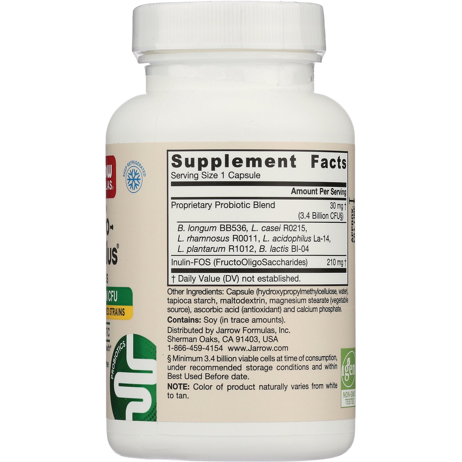 JR021 | bottle back showing supplement facts panel and ingredient list for probiotic supplement