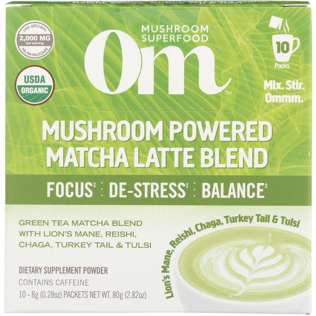 MMX037 | Om mushroom powered matcha latte blend box front panel with USDA Organic badge and latte art - Thumbnail