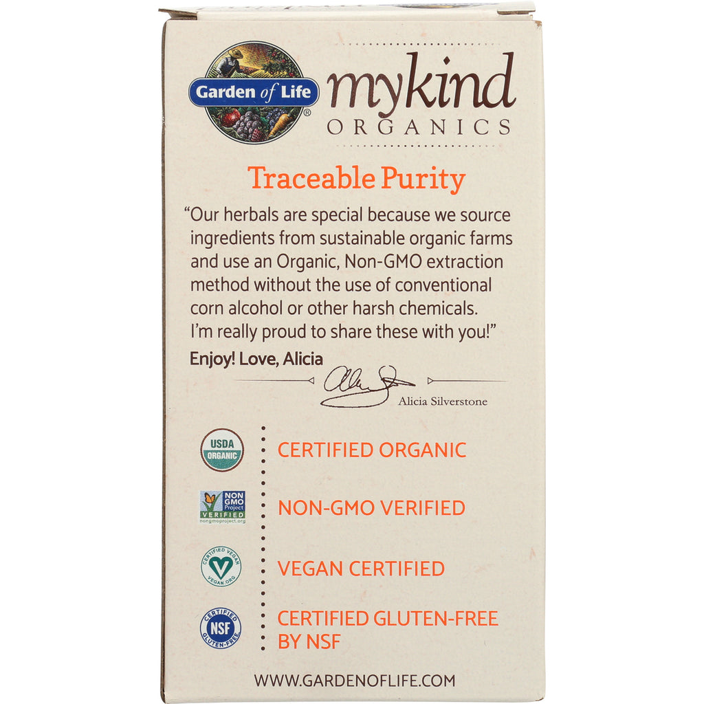 GLF255 | back of Garden of Life mykind organics box showing Traceable Purity message and certification icons for organic, non-GMO, vegan, gluten-free - Thumbnail