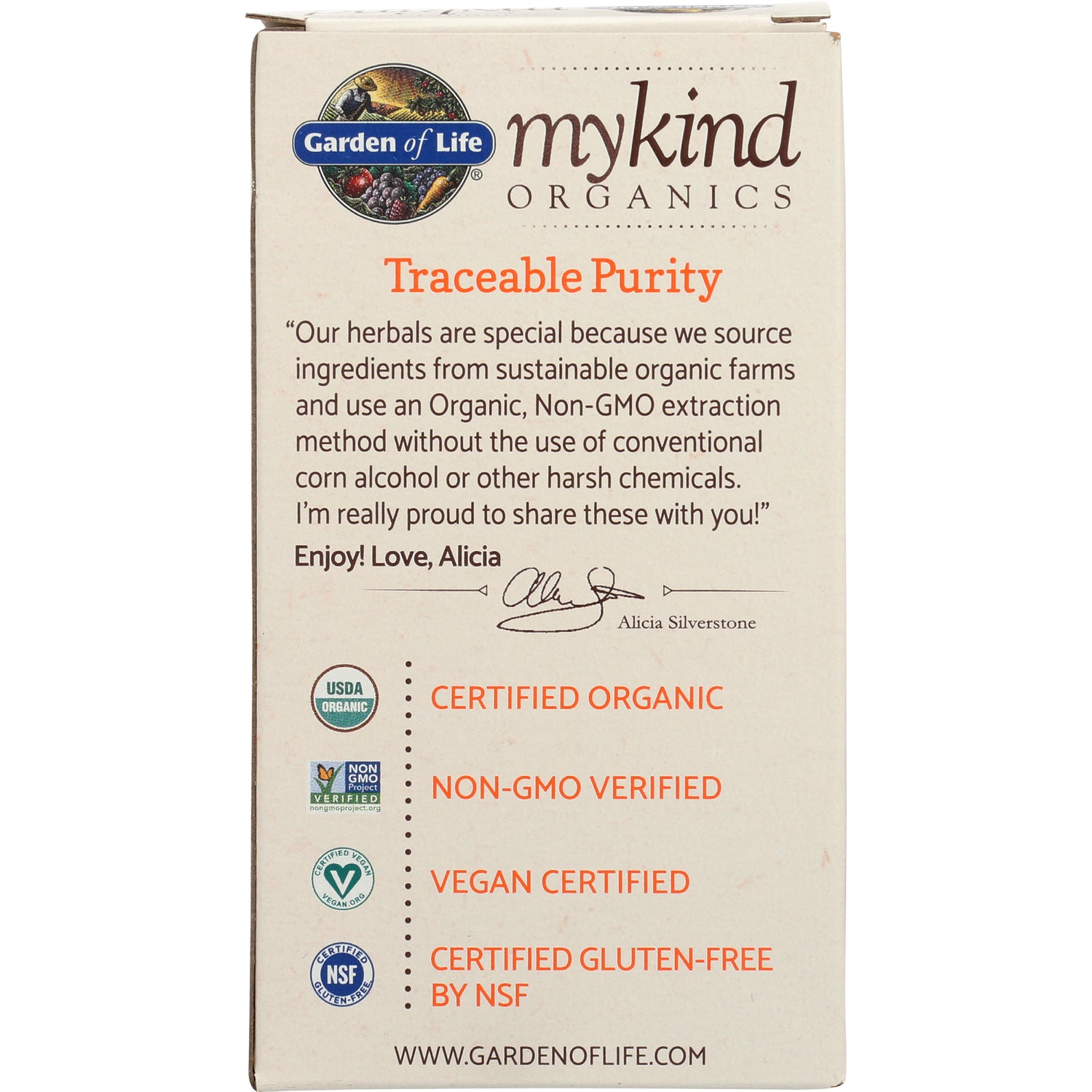 GLF255 | back of Garden of Life mykind organics box showing Traceable Purity message and certification icons for organic, non-GMO, vegan, gluten-free