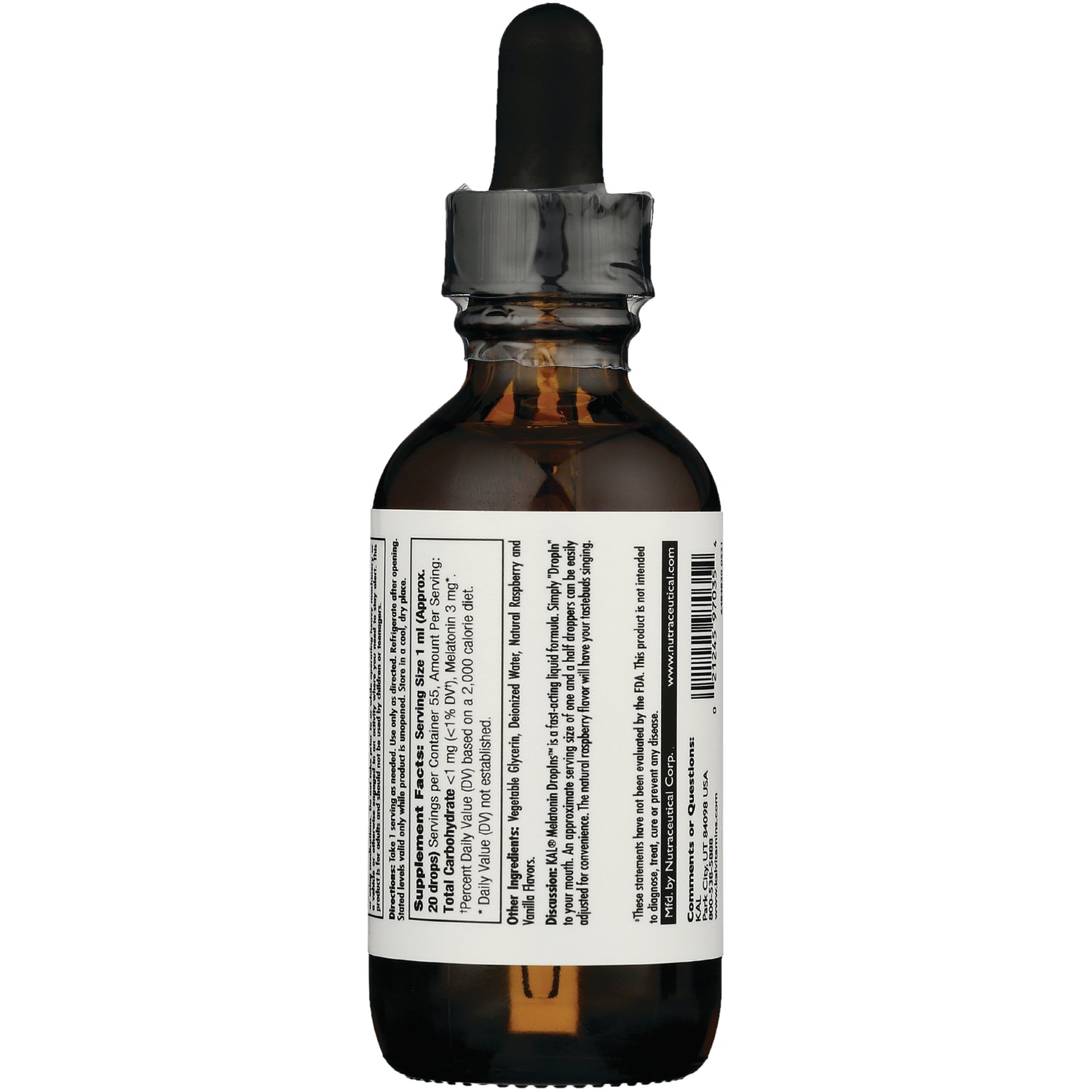 Amber glass dropper bottle showing back label with ingredient panel and barcode