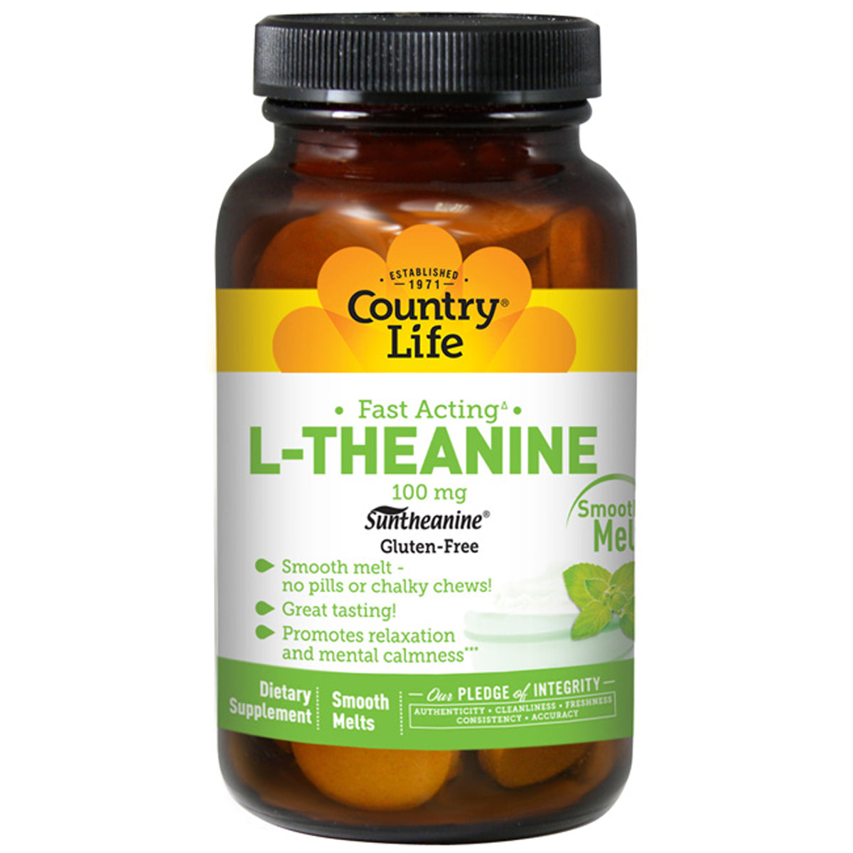 CRL601 | Country Life L-THEANINE 100 mg dietary supplement amber bottle with green and yellow label