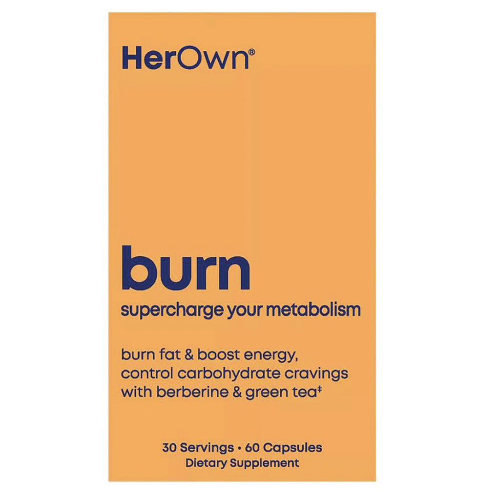 HO005 | HerOwn burn supplement orange box labeled burn supercharge your metabolism 30 Servings 60 Capsules Dietary Supplement - Thumbnail