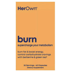HO005 | HerOwn burn supplement orange box labeled burn supercharge your metabolism 30 Servings 60 Capsules Dietary Supplement