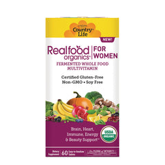 CRL645 | Country Life Realfood Organics for Women fermented whole food multivitamin front packaging showing produce, Certified Gluten-Free and USDA Organic badge