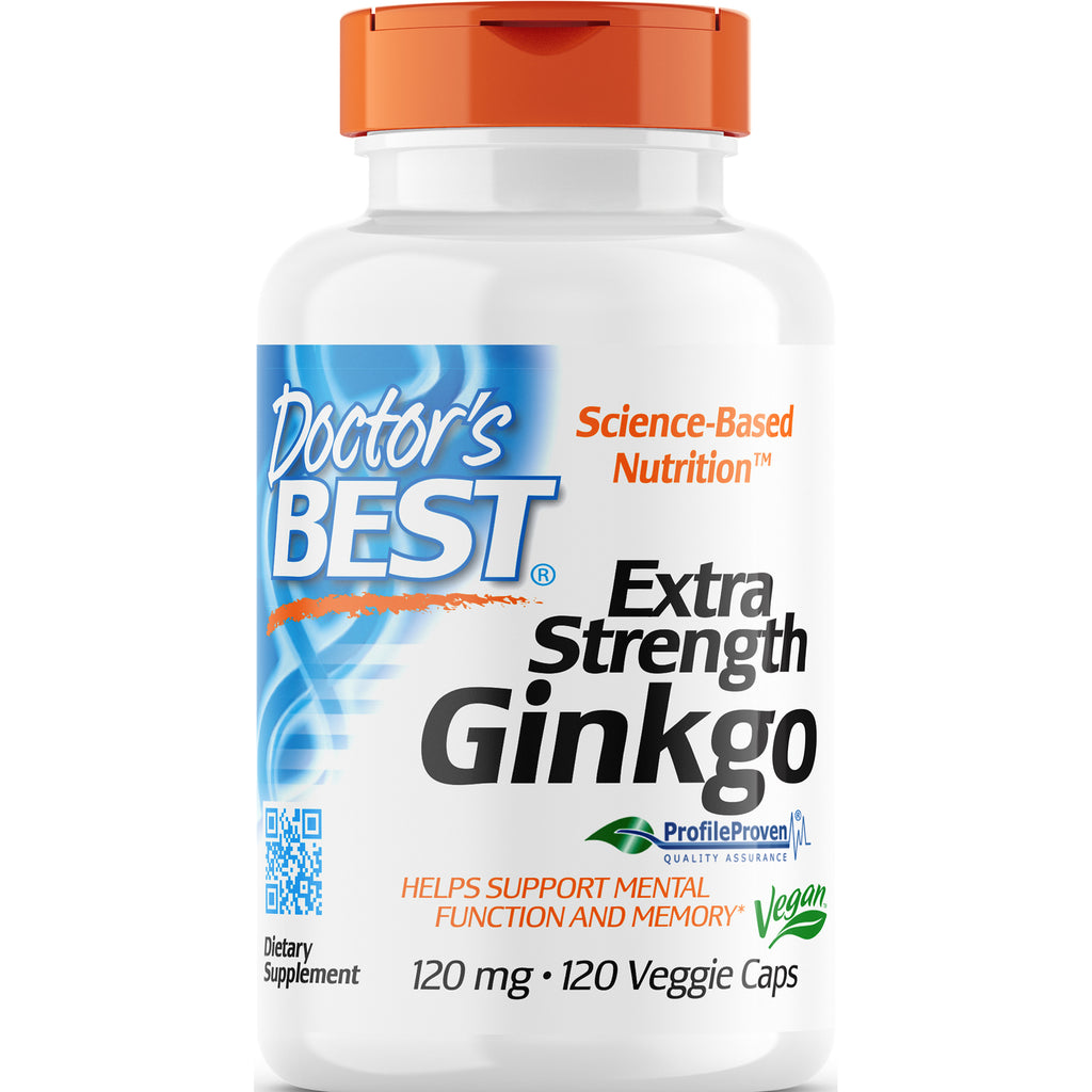 DB108 | Doctor's Best Extra Strength Ginkgo bottle front label, 120 mg, 120 veggie caps, vegan - Thumbnail