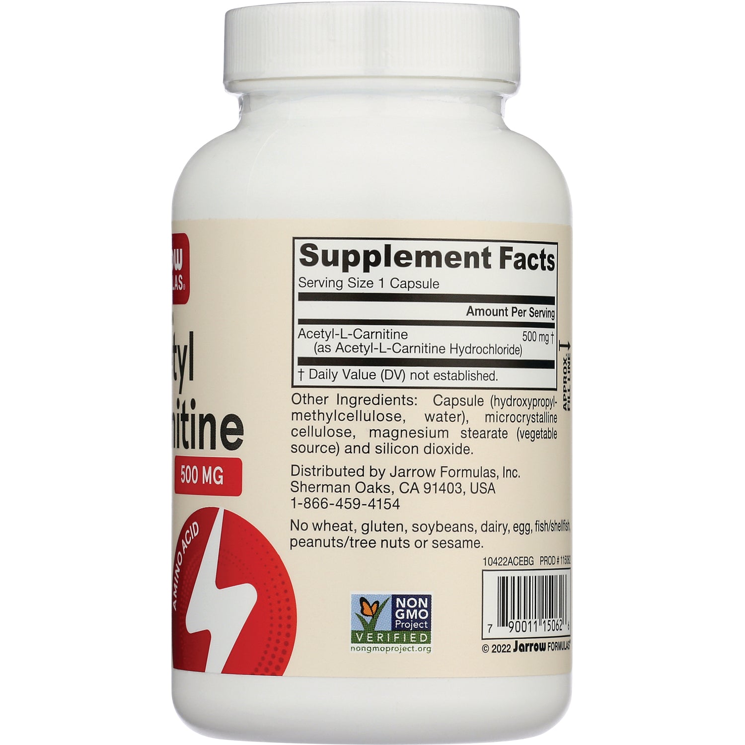 JR352 | back label of supplement bottle showing Supplement Facts, ingredients, Non-GMO seal and barcode
