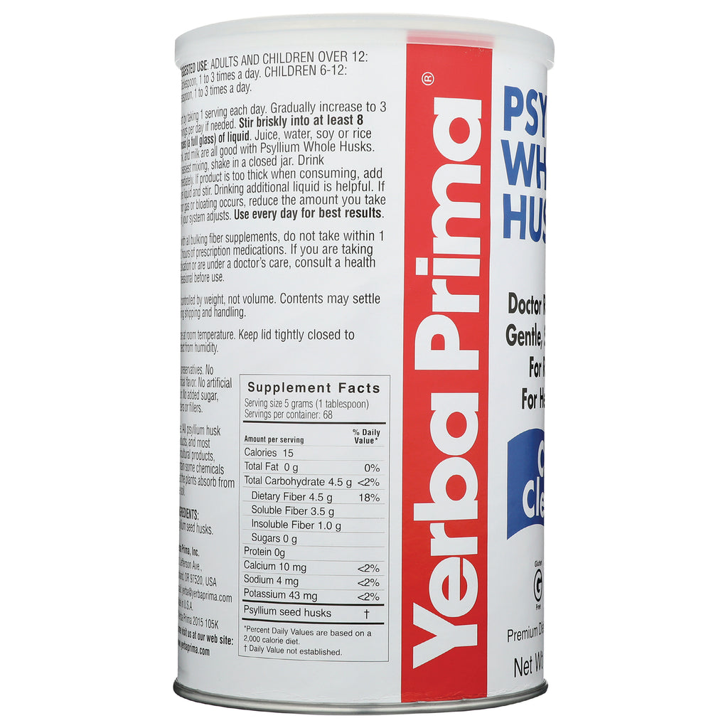 YP001 | Back label with Supplement Facts and directions on Yerba Prima Psyllium Whole Husks canister - Thumbnail
