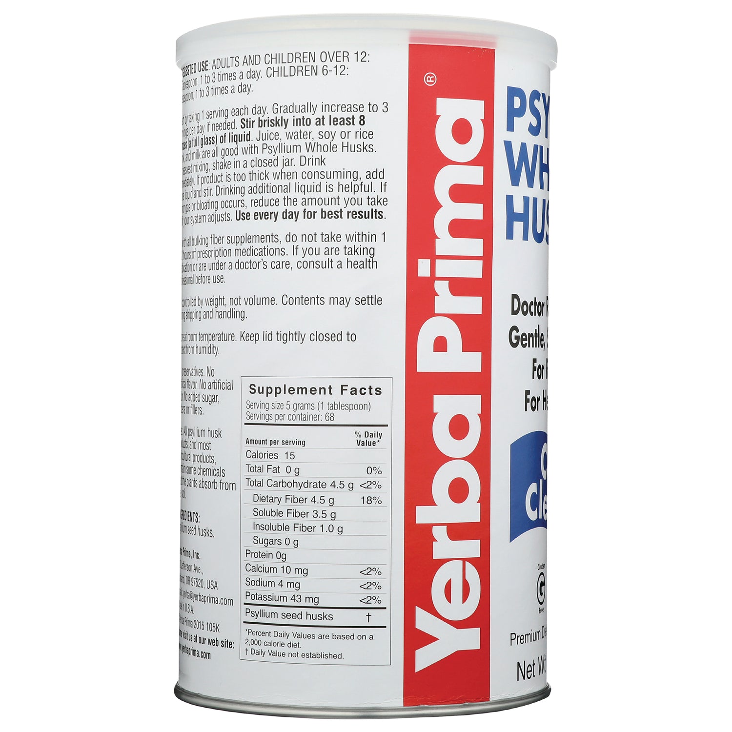 YP001 | Back label with Supplement Facts and directions on Yerba Prima Psyllium Whole Husks canister