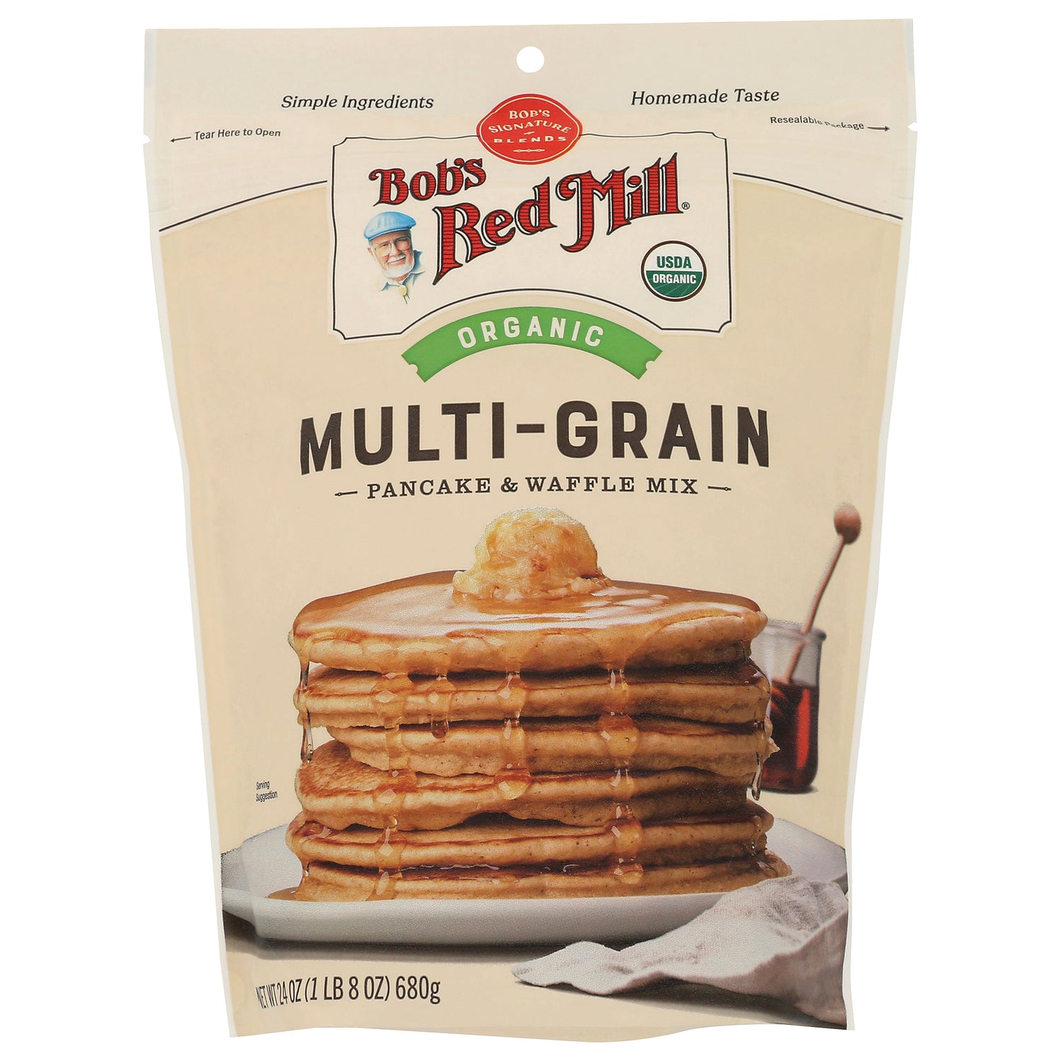 BOB322 | Bob's Red Mill Organic Multi-Grain pancake and waffle mix bag with stacked pancakes and syrup