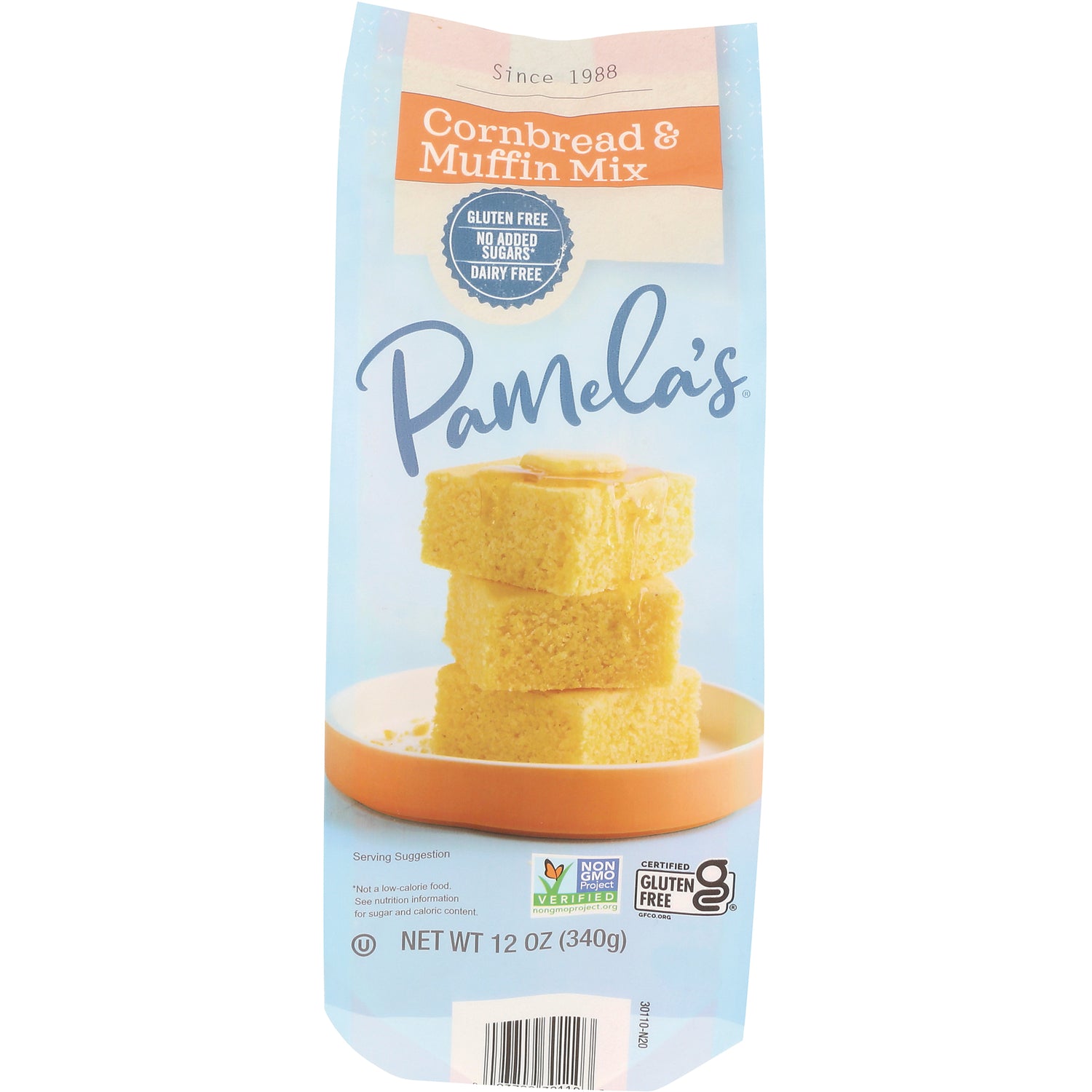 Pamela's Cornbread & Muffin Mix front pouch with stacked cornbread squares on a plate and gluten free badge