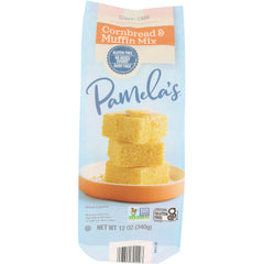Pamela's Cornbread & Muffin Mix front pouch with stacked cornbread squares on a plate and gluten free badge
