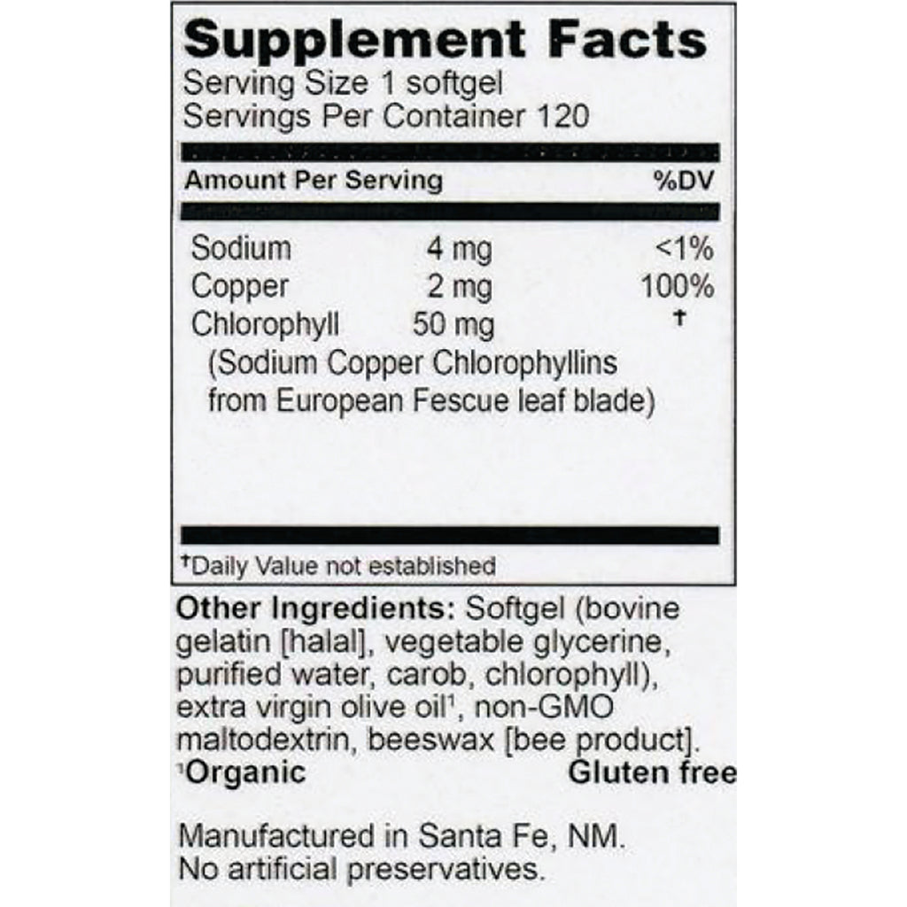 HE112 | Supplement facts and ingredients list showing sodium 4 mg, copper 2 mg, chlorophyll 50 mg and other ingredients - Thumbnail