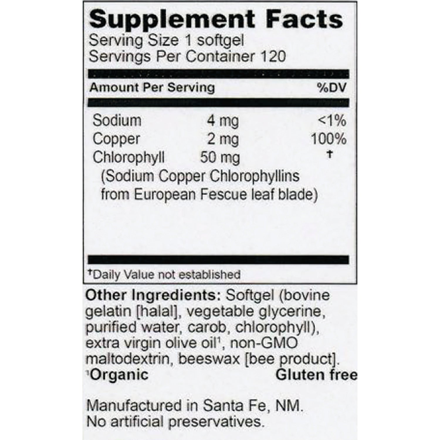 HE112 | Supplement facts and ingredients list showing sodium 4 mg, copper 2 mg, chlorophyll 50 mg and other ingredients
